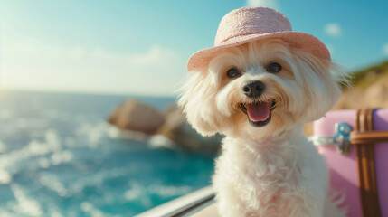 Portrait of cute small dog maltese with straw hat, sitting in cabriolet and feeling ready for summer holiday. Sea coast in background. Generative AI