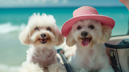 Two cute small white dog with straw hat lying on beach and enjoying summer vacation. Generative AI - 784394597