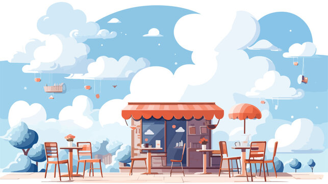 Cozy caf with tables floating on clouds 2d flat cartoon