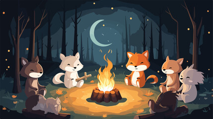 Cozy campfire circle with creatures of the night te