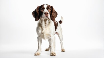   A brown-and-white dog gazes seriously at the camera against a plain white backdrop - obrazy, fototapety, plakaty