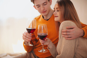 Young couple drinking wine at home