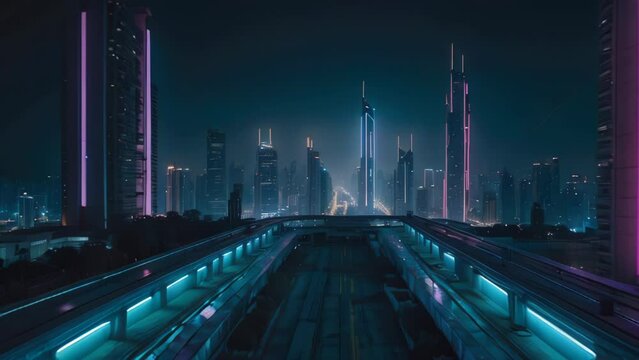 Futuristic urban sprawl under a twilight haze. Generative AI Video. ProRes LT 59.94 FPS is available in 4K 16:9.