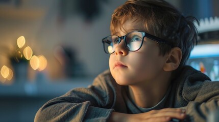 A young boy wearing glasses sitting at a table. Suitable for educational and lifestyle concepts - obrazy, fototapety, plakaty