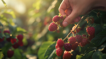 Close-up of a hand gently picking ripe raspberries from the bush in the soft light