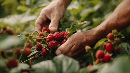 Close-up of a hand gently picking ripe raspberries from the bush in the soft light