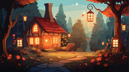 Fototapeta na wymiar Cozy cottage surrounded by garden of glowing lanter