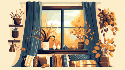 Cozy Fall Window Clipart 2d flat cartoon vactor illustration
