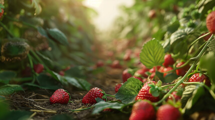 The first light of dawn illuminates a field of strawberries, highlighting the ripe berries against the rich green leaves