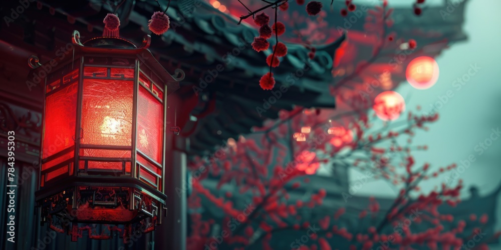 Poster a red lantern hanging from the side of a building, suitable for urban and architectural concepts