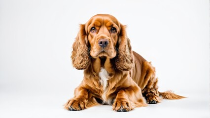   A sad-looking dog in close-up, positioned against a pristine white backdrop