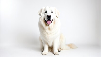   A large white dog with tongue out sits before a white background