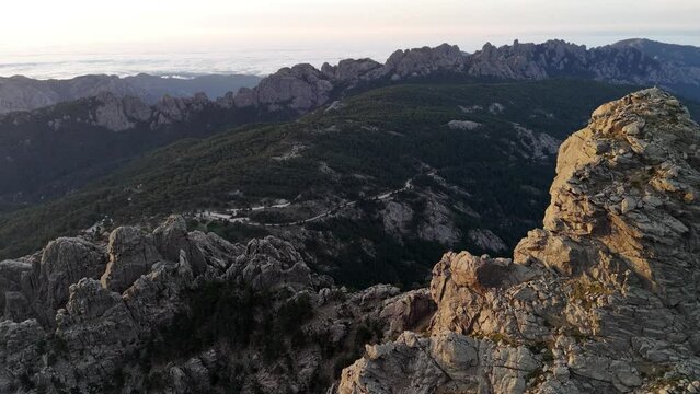 The aerial view of Aiguilles de Bavella in Corsica.
