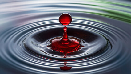 A drop of red liquid falling into blue water.