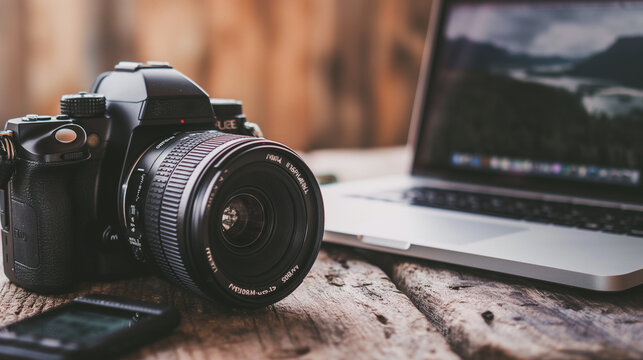 a modern digital photography camera with a laptop on the table, professional photography or videography business 