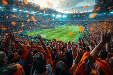 Stadium erupts in excitement as fans in orange gear cheer on their soccer team energetically