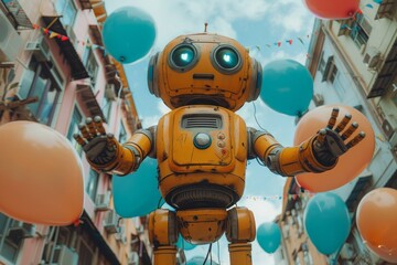 A whimsical image of a yellow robot surrounded by colorful balloons, capturing a sense of celebration and joy