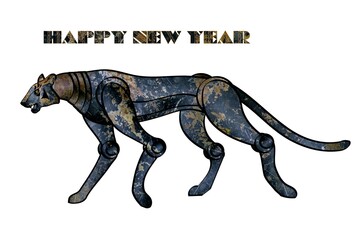 メタル・タイガー　錆びた金属のようなボディの虎型ロボット　寅年　年賀状デザイン　年賀素材