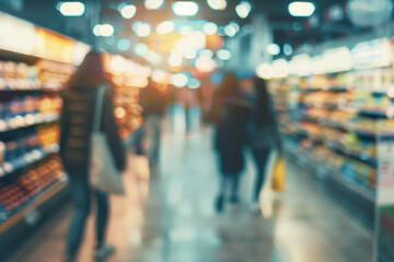 Blurred image of customers in a supermarket, suitable for background use. - obrazy, fototapety, plakaty