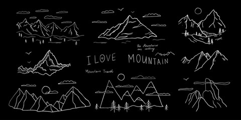 Large set of mountains in doodle style. Mountain peaks. Hiking. Climbing. The mountains are calling. Travel design. Adventure. Hand drawn. Great for prints, poster. Isolated on black background - obrazy, fototapety, plakaty