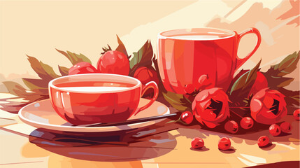Naklejka na ściany i meble Cup of tasty rose hip tea and berries on table 2d flat