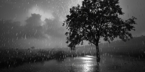 A black and white photo of a tree in the rain. Suitable for nature and weather concepts
