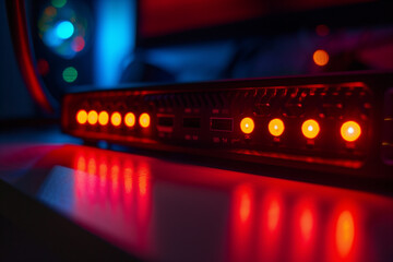 Close-up of networking equipment with glowing red LED lights. - obrazy, fototapety, plakaty