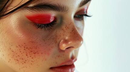 Close up of a woman with striking red eye makeup. Perfect for beauty and fashion concepts