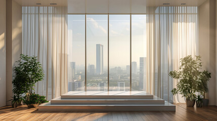 white squre podium positioned in front of a large window with cityscape view for product display