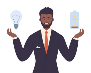 Businessman with no ideas holding dark light bulb and low battery in hands vector illustration