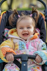 Obraz premium A happy little girl sitting in a stroller. Perfect for family and parenting concepts