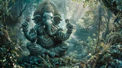 Ganesha idol in an enchanted forest setting