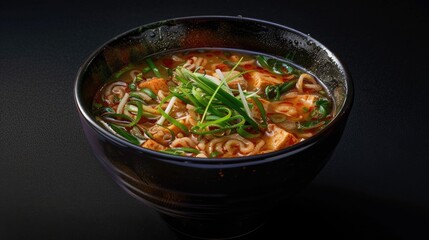 A bowl of soup with noodles and fresh vegetables. Perfect for food blogs or recipe websites