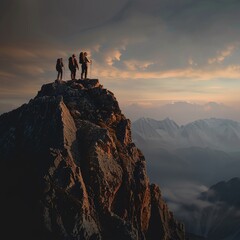 Hikers reaching a mountain summit at sunrise, exhilarating, sports photography, adventurous, panoramic