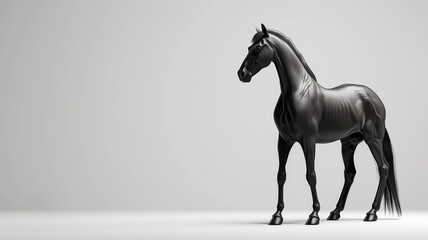 A beautiful black horse stands on a white background.