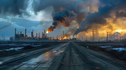 Picture of a large industrial area with smoke - obrazy, fototapety, plakaty