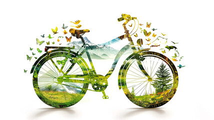 A bicycle made of leaves and flowers with butterflies and birds flying around it.