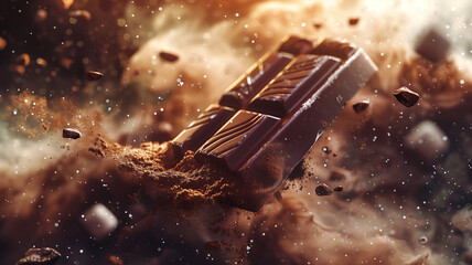 A chocolate bar floating in space with cocoa powder.