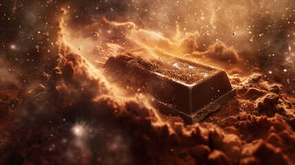 A chocolate bar floating in space with stardust