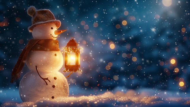 A cute snowman is holding a lantern in a snowy forest at night.