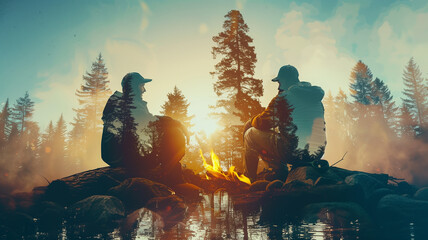 A double exposure image of two men camping in the woods. - obrazy, fototapety, plakaty