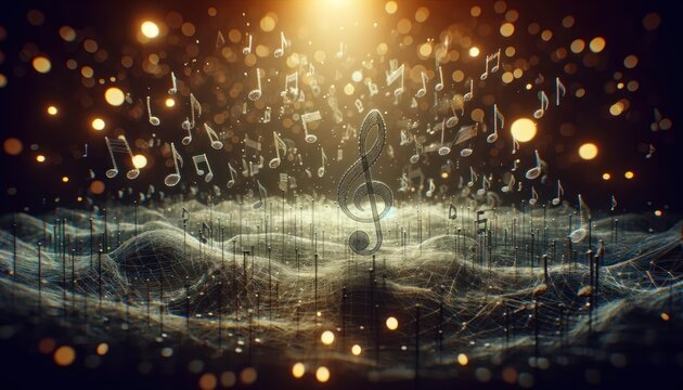 artistic and atmospheric image depicting numerous 3D wireframe musical notes floating in a vast, dark space.