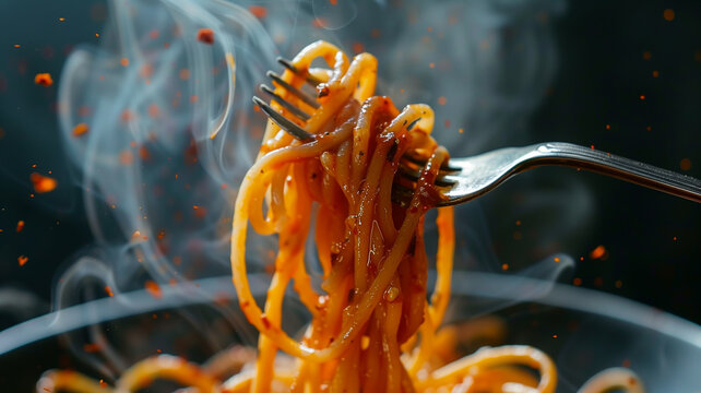 A fork twirling spaghetti with tomato sauce against a black background