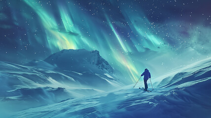 A lone skier glides down a snowy mountainside at night, illuminated by the aurora borealis.
