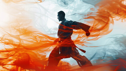 A man in a karate pose surrounded by red and blue smoke