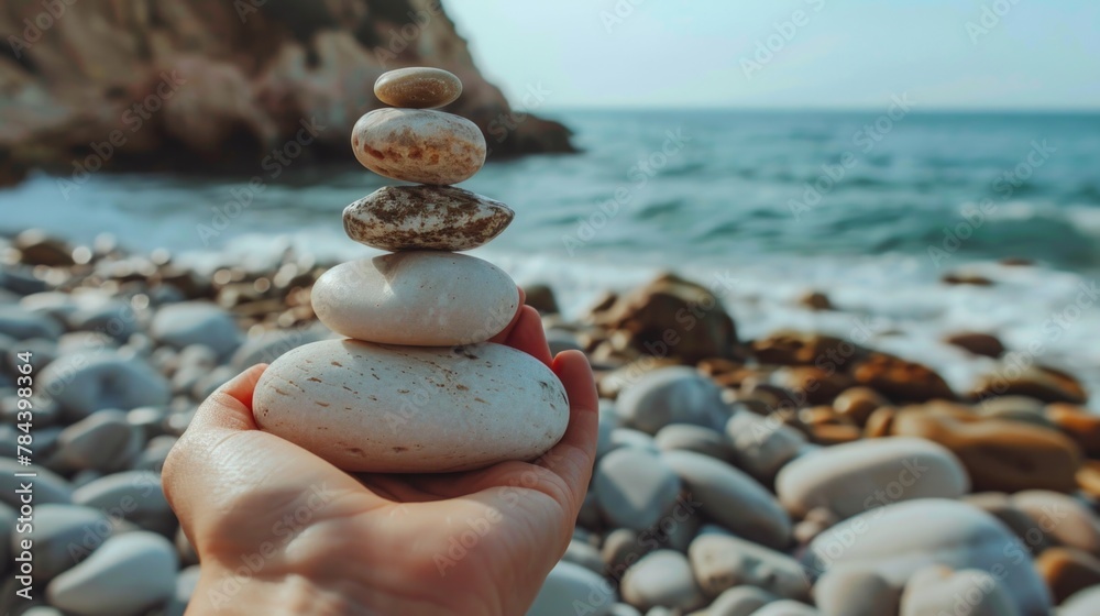 Poster a person holding a stack of rocks on a sandy beach. perfect for nature and relaxation concepts