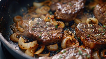 A sizzling skillet with steaks and onions, perfect for food blogs or cooking recipes