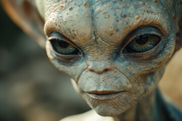 This detailed statue captures an alien with a smooth, intricate head design against a blurred background