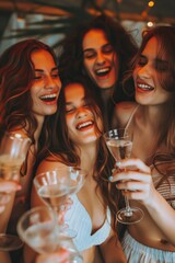 Group of women celebrating with wine glasses, suitable for social events and gatherings