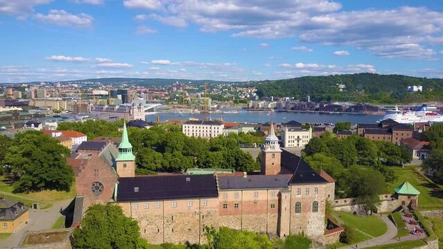 Akershus Fortress aerial panoramic view in Oslo, Norway. Akershus Festning is a medieval fortress that was built to protect Oslo.